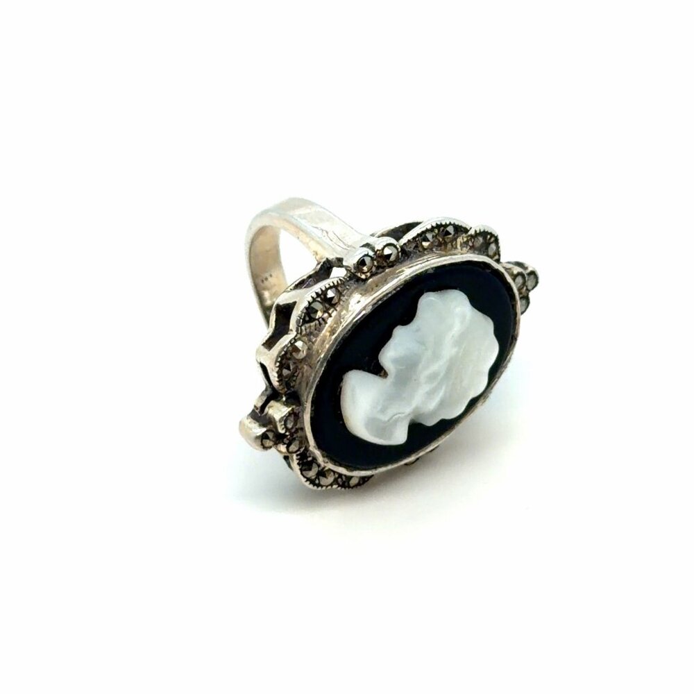 ❌Vintage Sterling Silver 925 Lady Cameo Marcasite Ring - Picture 6 of 8